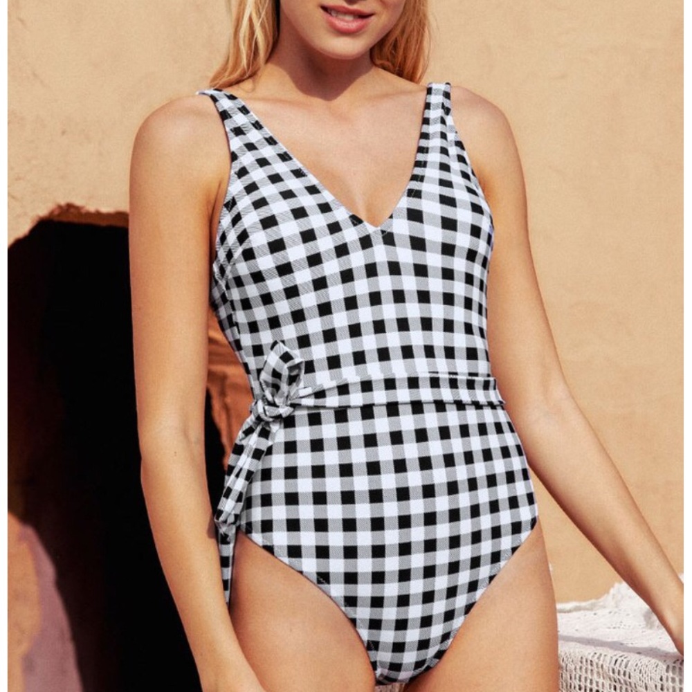 Cupshe Black White Gingham One Piece Swimsuit Bathing Suit Sz 16 NWT Side Tie